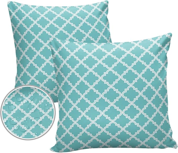 Outdoor Waterproof Pillow Covers for Patio Moroccan Pattern Decorative Throw Pillow Cover Geometric Trellis Cyan Blue Pillowcases Set of 2 Cushion Case for Sofa Couch Chair Home Decor 24x24 inch