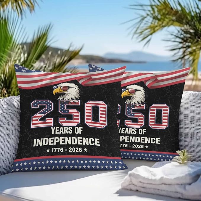 250 Years Anniversary Outdoor Waterproof Throw Pillow Covers 26x26 Set of 2, Independence Day USA Eagle Flag Decorative Pillowcases Cushion Pillowcase for Couch Sofa Patio Outside Pillow Protector