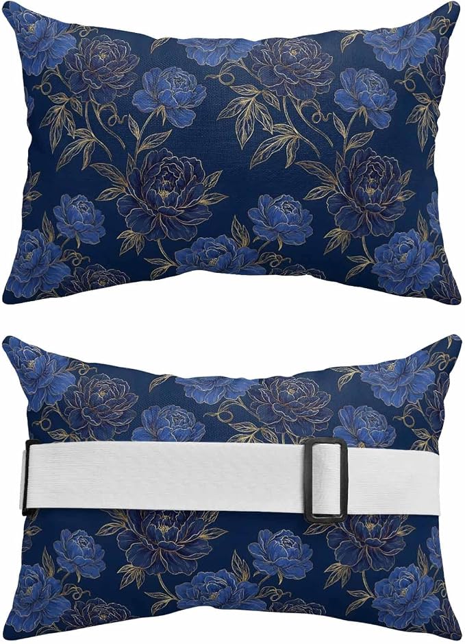 Outdoor Lumbar Pillow Set of 2, Navy Blue Golden Flowers Waterproof Beach Headrest Pillow with Inserts, Vintage Elegant Floral Botanical Recliner Throw Pillows for Patio Furniture, 11 x 16