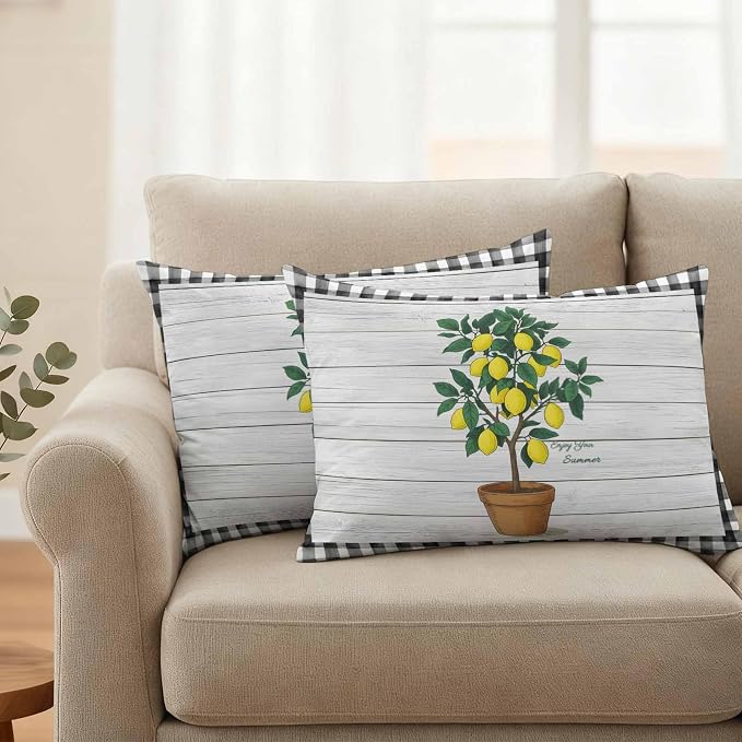 Summer Yellow Lemons Outdoor Waterproof Pillow Covers Set of 2, Green Leaf Botanical Gardens Wood Grain Plaid Pillowcase Decorative Throw Cushion Cases for Patio Garden Couch 20 x 12 Inches