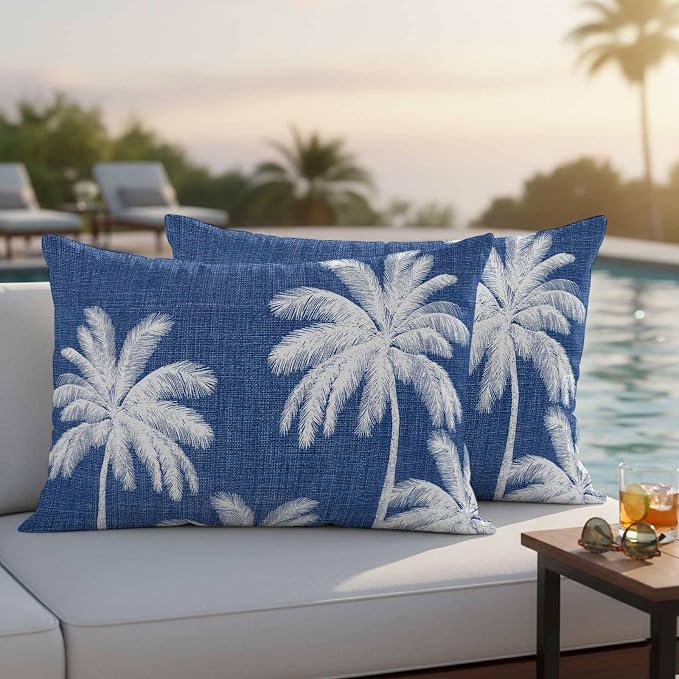 Lumbar Pillow Covers 20x12 Inch Set of 2, Navy Blue Palm Trees Waterproof Outdoor Pillow Covers, Farmhouse Tropical Summer Beach Decorative Cushion Pillowcases for Couch, Sofa, Bed, Garden, Patio