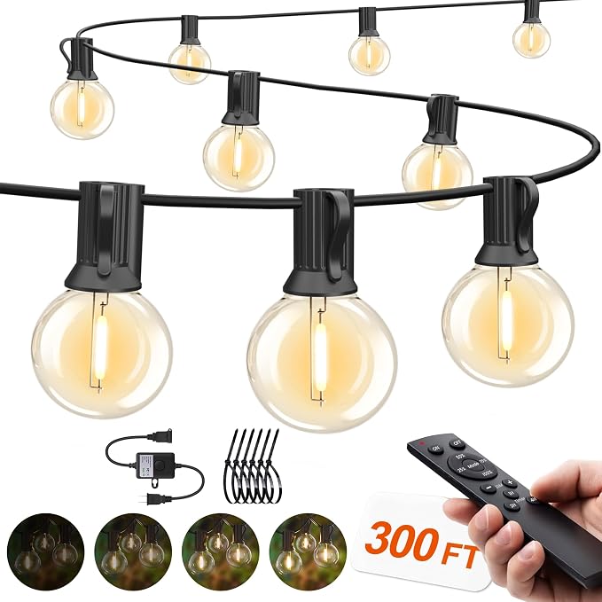 Outdoor String Lights Waterproof 300FT with Remote Patio Lighting for Porch | Connectable Outside Lights with Remote, 156 Globe Bulbs Dimmable &3 Lighting Modes Timmer for Backyard Bistro Gazebo Garden