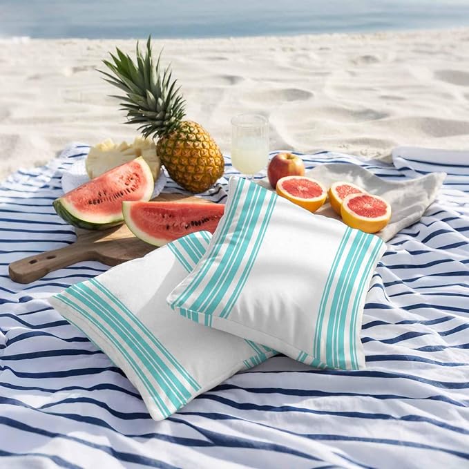 Outdoor Waterproof Throw Pillow Covers Set of 2 Turquoise Stripes Pillowcases 26x26 Inches White Vertical Striped Decorative Pillows Cushion Case Patio Pillows for Couch Bed Chair Garden