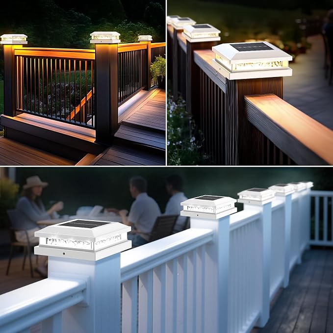 Solar Post Lights Outdoor 12-Pack, 2 Lighting Modes 16 LEDs Solar Post Cap Lights for 4x4 4.5x4.5 5x5 Vinyl Wooden Posts Waterproof, Fence Light Solar Powered for Deck Fence Yard Porch, White