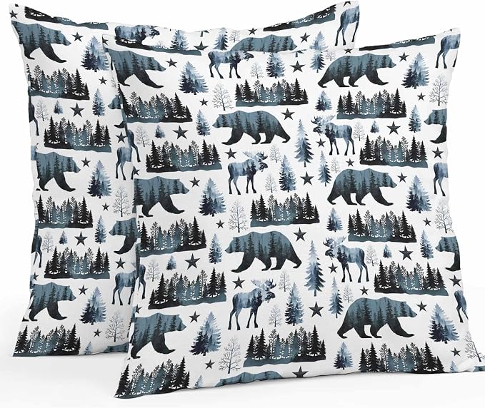 Bear Elk Cabin Outdoor Pillow Covers 16x16 Inch Throw Pillow Covers Set of 2 Waterproof Decorative Pillow Cases Farmhousee Pine Tree Forest Blue Cushion Covers for Patio Furniture Garden Couch Sofa