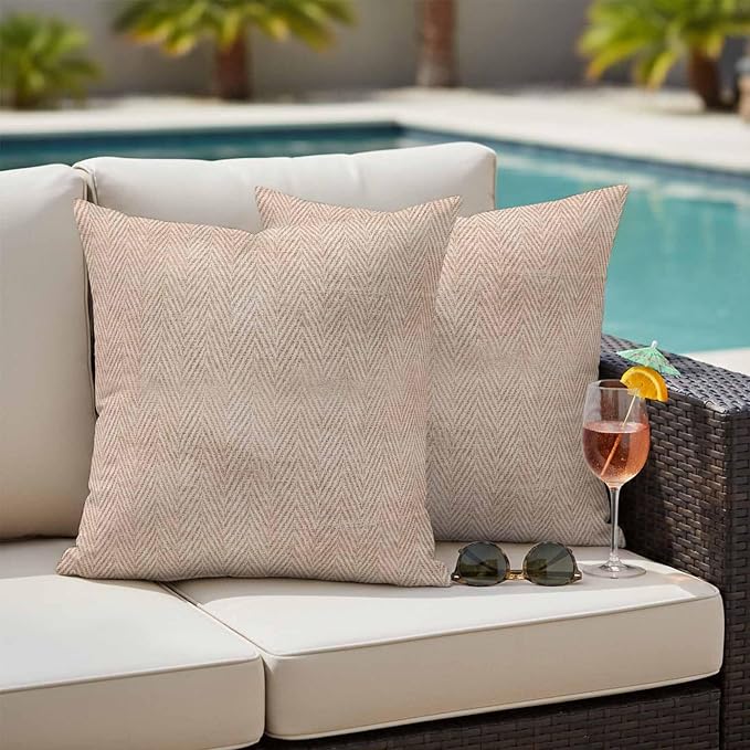 Beige Herringbone Outdoor Pillow Covers Set of 2 Modern Minimalist Woven Textured Waterproof Throw Pillow Cover Decorative Cushion Cases for Patio Porch Garden 26X26 Inch