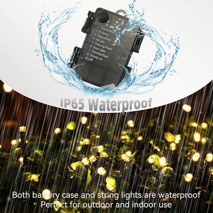 Battery Operated String Lights, 33Ft 100LED Warm White Fairy Lights, IP65 Waterproof Remote Control Timer 8 Modes for Christmas Garden Wedding Party Patio Indoor Outdoor Decor