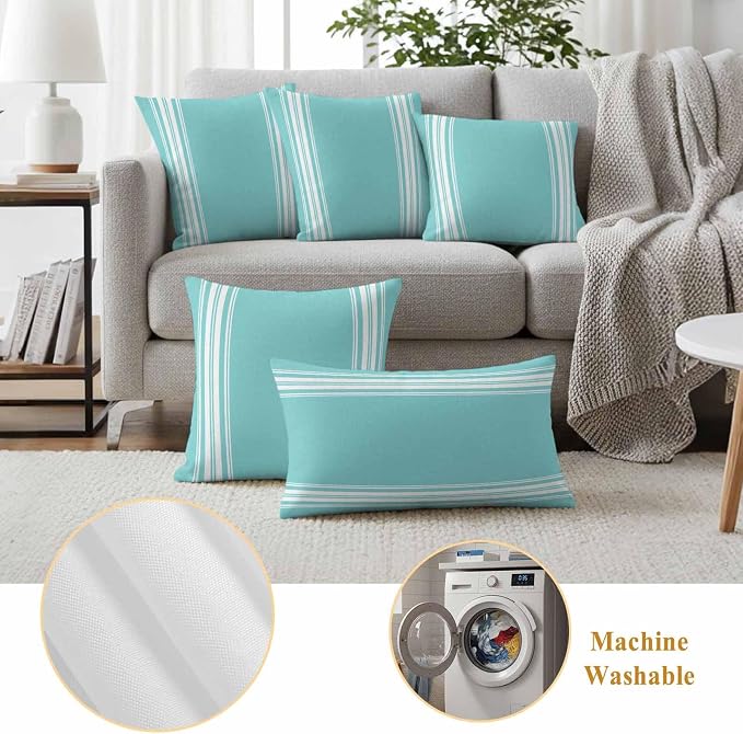 Outdoor Pillow Covers 12x20 Set of 2 Teal Stripes Outdoor Pillows Waterproof Throw Pillow Covers French Stripe Farmhouse Style Pillowcases Decorative Case for Patio Cushion