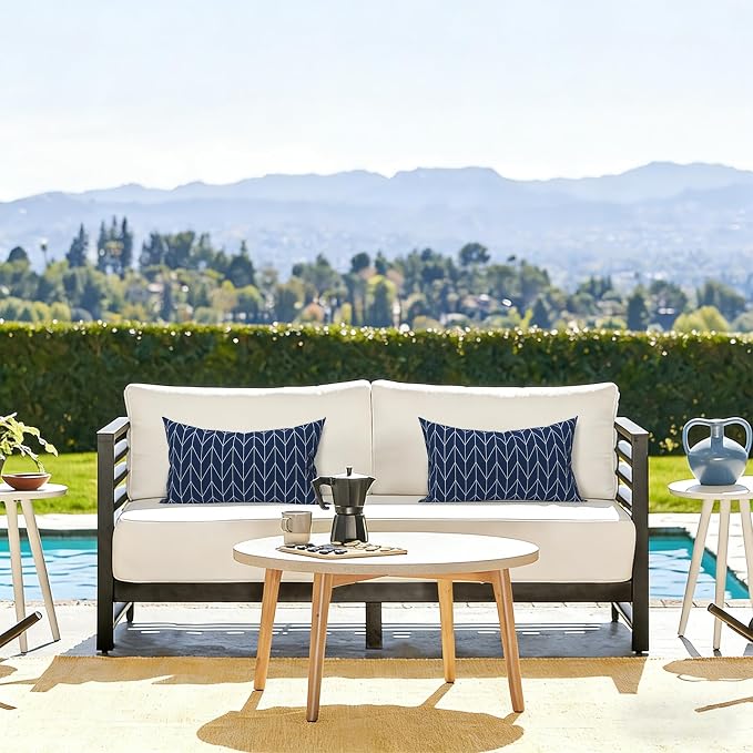 LVTXIII Outdoor/Indoor Lumbar Pillow Covers ONLY, 12” x 20” Fade-Resistant Patio Lumbar Cushion Cases Decorative Throw Pillowcase Shell for Couch Patio Garden Furniture Use - Herringbone Navy