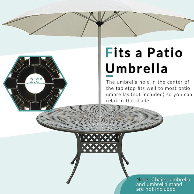 MEETWARM Outdoor 61" Round Patio Dining Table, All Weather Cast Aluminum Large Patio Furniture Table Fits for 6-8 Person with 2" Umbrella Hole, Dark Bronze