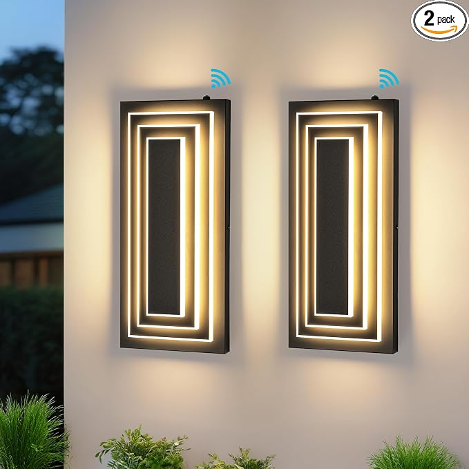 Dawn to Dusk Outdoor Light Fixture,Exterior Wall Light,15.7 in,24 W | 3-Tier Black Modern Outdoor Wall Sconce,Outdoor Lights For House,Front Door, Patio, Waterproof, LED 3000K Warm White, 2 Packs