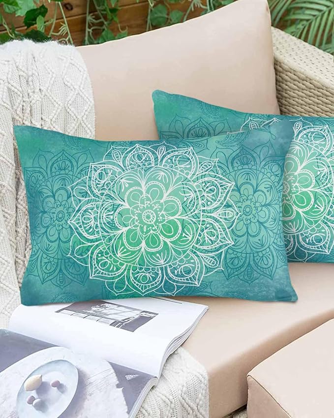 Vandarllin Outdoor Throw Pillows Covers 20x12 inch Set of 2 Waterproof Turquoise Boho Floral Decorative Zippered Cushion Covers for Patio Furniture, Bohemian Flower Lumbar Pillowcases