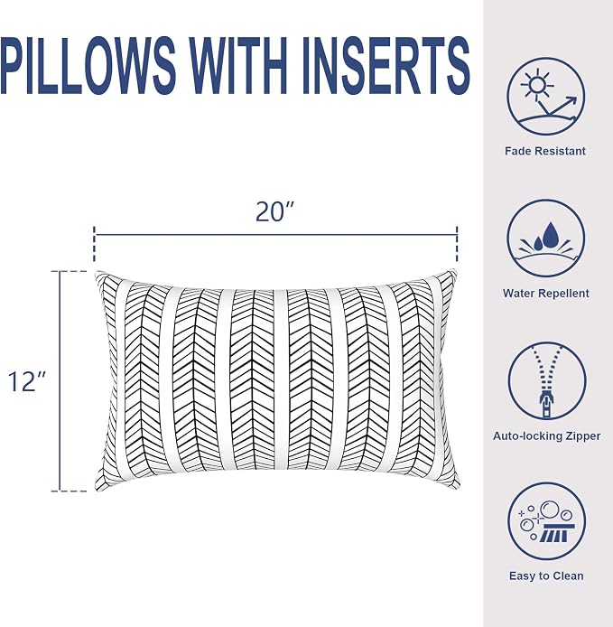 Outdoor Lumbar Pillows, Water Repellent Cushion Pillows 12x20 Inch, Outdoor Pillows with Inserts for Home Garden, Pack of 2, HerringboneWhite