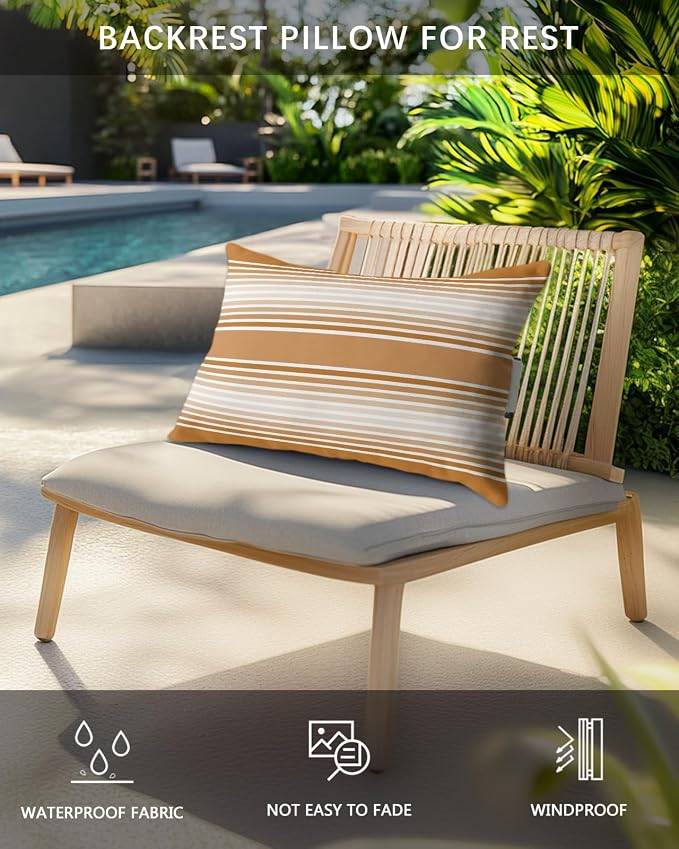 Pack of 4 Outdoor Lumbar Pillow Covers 12x20 Inch, Burnt Orange Striped Waterproof Throw Pillow Covers Set, Orange Ombre Farmhouse Stripes Indoor&Outdoor Decorative Cushion Cases for Patio Porch Car