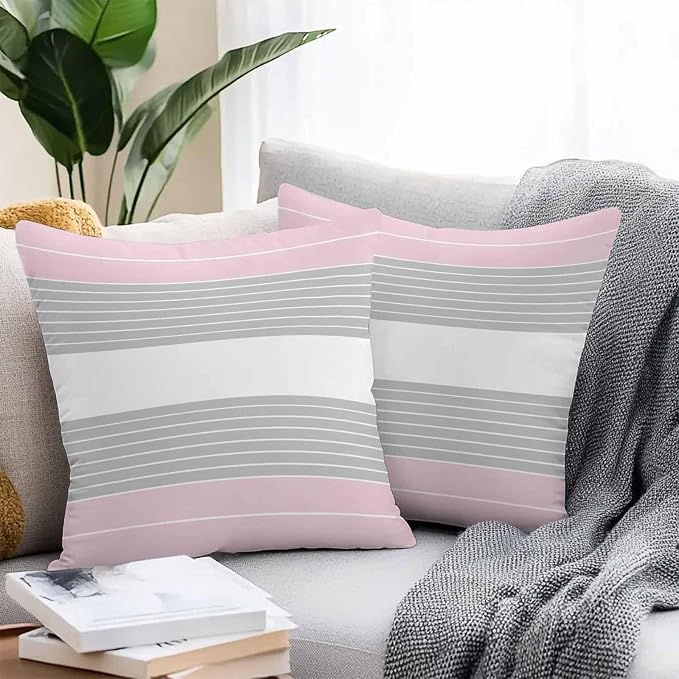 Pink Grey Stripe Outdoor Pillow Covers Waterproof, All Weather Cushion Case Set of 2, Modern Art Horizontal Striped Decorative Pillowcases for Sofa Couch Bed Decor Patio Furniture 16"x16"