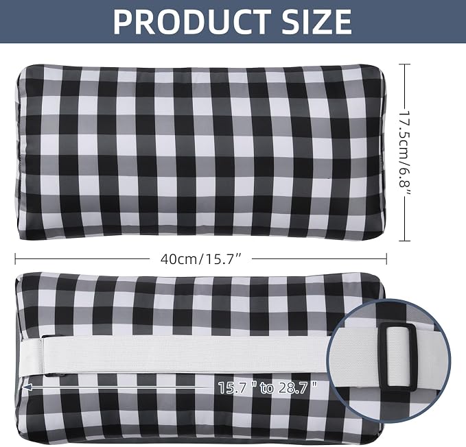 Outdoor Pillow for Chaise Lounge Chair, Plaid Oudoor Patio Pillow with Insert Adjustable Elastic Strap for Recliner Beach Pool Patio Chairs, 2 Pcs Black and White