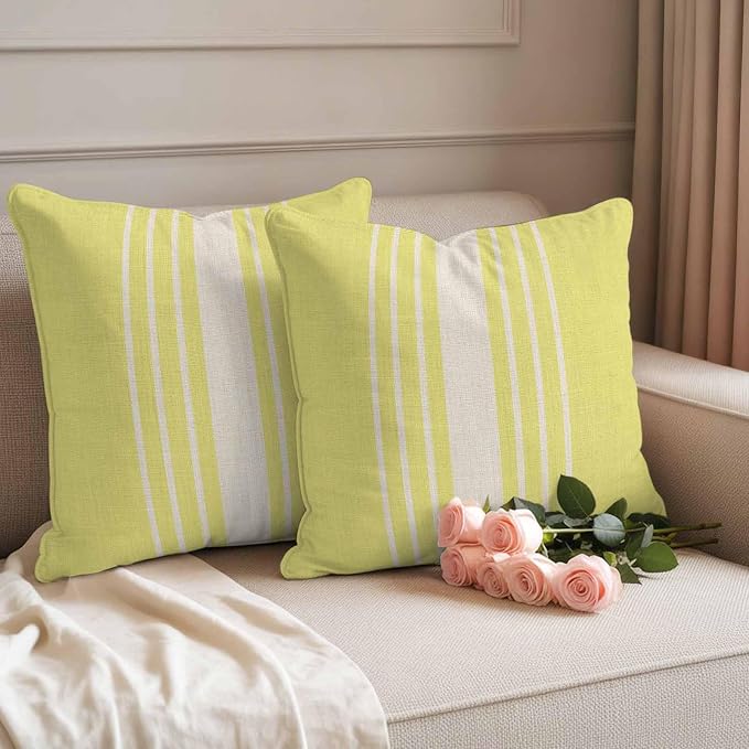Throw Pillow Covers 16x16 Inch Set of 2, Yellow Beige Striped Waterproof Outdoor Cushion Covers, Modern Farmhouse Retro Lines Decorative Pillowcases for Couch, Sofa, Bed, Garden, Patio