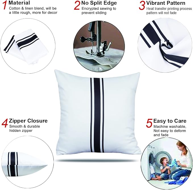 ONWAY Outdoor Pillow Covers 18x18 Waterproof Set of 2 Decorative Throw Cushion Cover White and Black Striped Outdoor Pillows for Patio Furniture
