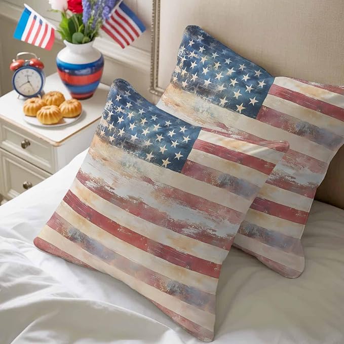 Retro American Flag Outdoor Pillow Covers 26"x26" Set of 2, Independence Day Waterproof Throw Pillow Covers for Patio Furniture, Decorative Cushion Covers for Porch