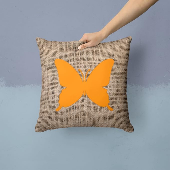 Caroline's Treasures BB1046-BL-OR-PW1414 Butterfly Burlap and Orange BB1046 Fabric Decorative Pillow Machine Washable, Indoor Outdoor Decorative Pillow for Couch, Bed or Patio, 14Hx14W