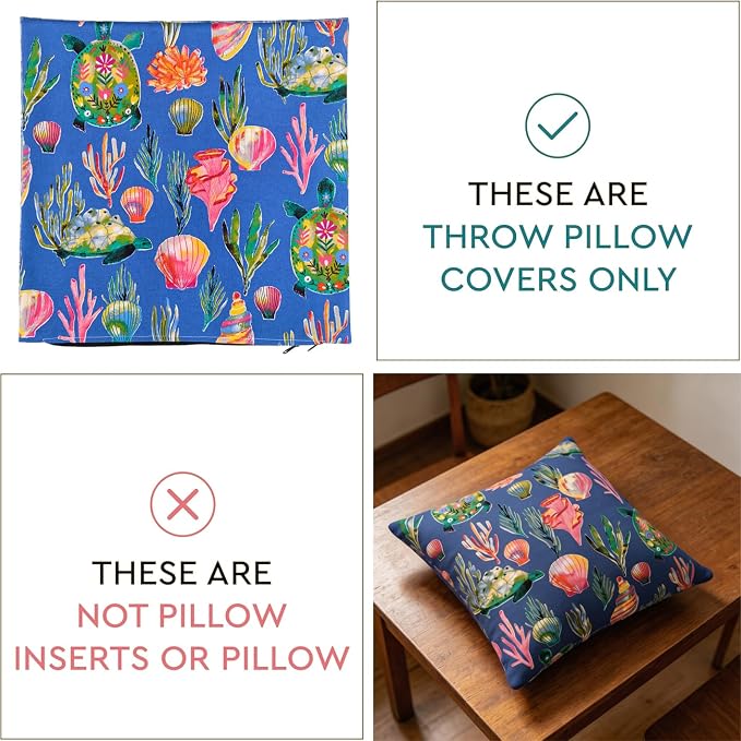 Outdoor Pillow Covers 18x18 Set of 2 Deepsea Blue Reef Print, Waterproof & UV Resistant Polyester for Patio, Couch, Porch, Spring & Summer Ocean Decor