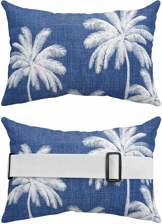 Pack of 2 Outdoor Lumbar Pillow Covers 11x16 Inch, Navy Blue Palm Trees Waterproof Throw Pillow Covers Set, Farmhouse Tropical Summer Beach Indoor&Outdoor Decorative Cushion Cases for Patio Porch Car