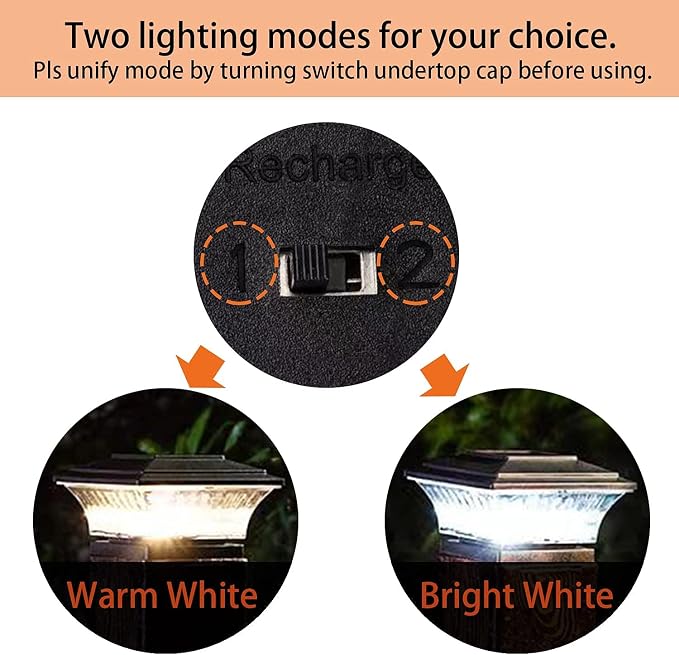 HUYIENO Solar Post Cap Lights Outdoor LED Lighting Deck Fence Cap Light Two Light Modes Warm White/Bright White Suitable for 4x4 Wooden Posts Black 2PK