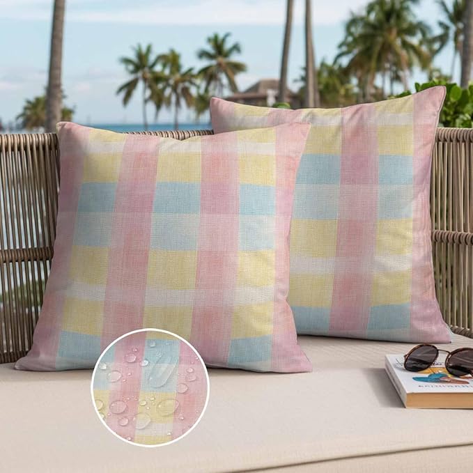 Colorful Plaids Outdoor Waterproof Throw Pillow Covers Set of 2, 26"x26", Pink Blue Yellow Stripes Geometric Rustic Decorative Pillow Covers Outside Cushion Case for Patio Porch Garden