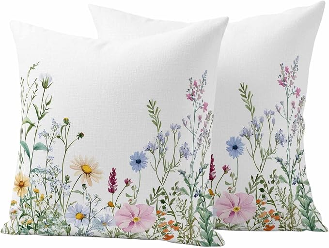Farms Wildflowers Outdoor Waterproof Throw Pillow Covers Set of 2, 26"x26", Herbs Countryside Watercolor Floral Leaf Decorative Pillow Covers Outside Cushion Case for Patio Porch Garden
