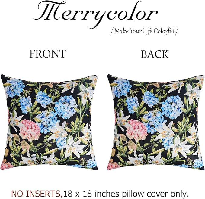 Merrycolor Pack of 2 Outdoor Waterproof Throw Pillow Covers 18x18 Summer Blue Pink Hydrangea Floral Decorative Square Pillowcase Outdoor Pillow Covers for Patio Furniture Garden