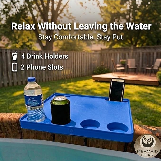 Adjustable Swimming Pool Table Serving Tray - Swim Pool Deck Patio Bar 4 Beverage Drink Cup Holders 2 Cell Phone Outdoor Portable Side UV Weather Resistant Above Ground Fountain