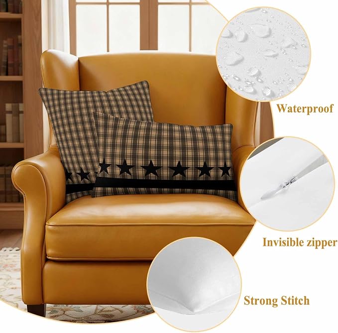 Brown Black Plaid Waterproof Outdoor Pillow Covers Set of 2 Home Decor Vintage Rustic Star Buffalo Check Pillowcase Patio Pillow Covers for Couch Bench Furniture Garden 18x18in