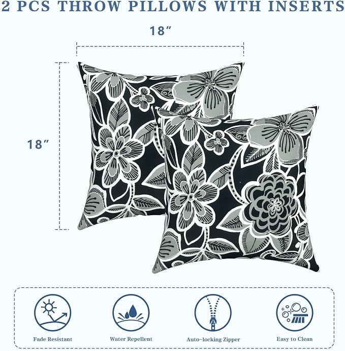 LVTXIII Outdoor/Indoor Throw Pillows, Decorative Throw Pillows with Inserts, 18"x18" Square Pillows for Bed, Couch, Sofa and Patio Furniture, Set of 2, Flower Black