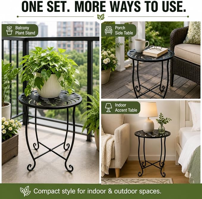 Outdoor Side Table 15 Inch Tall, Tool-Free Metal Patio End Table with Monstera Design, Space Saving Round Stand for Porch Balcony Garden (Monstera)