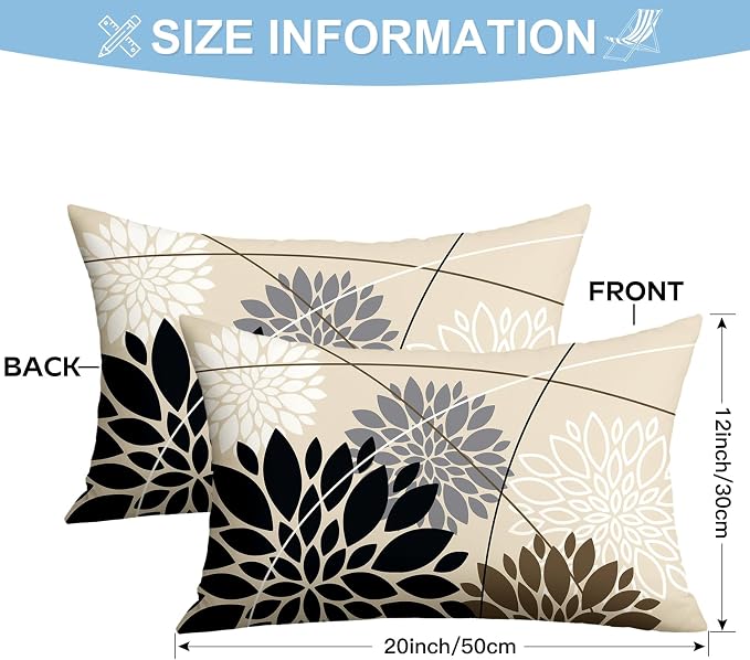 OTOSTAR Outdoor Black Gray Pillow Covers 12x20 Inch Set of 2 White Flower Throw Pillows Farmhouse Geometric Dahlia Floral Lumbar Cushion Case Waterproof Decor for Sofa Patio Funiture Garden