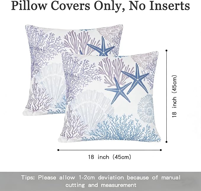 cygnus Coastal Outdoor Pillow Covers 18x18 inch Waterproof Conch Seashell Coral Satrfish Beach Summer Nautical Throw Pillow Covers for Patio Furniture Garden Bench Porch Sofa Couch Set of 2