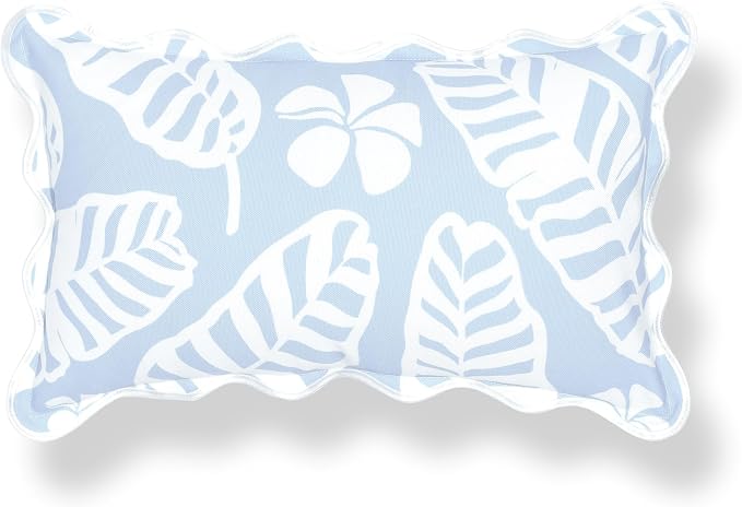 Hofdeco Premium Grandmillennial Coastal Hampton Patio Indoor Outdoor Lumbar Pillow Cover Only, 12"x20" Water Repellent for Backyard, Couch, Poolside, Baby Blue Print Palm Leaves and Hisbucs Flowers