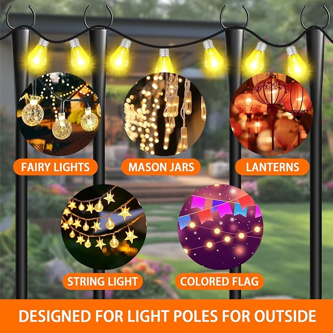 6 Pack 10Ft String Light Poles, Metal Poles with Fork for Outside Lights,Outdoor Metal Light Stand with Fence Brackets Hanging Lights for Garden Patio Wedding Backyard Deck Party