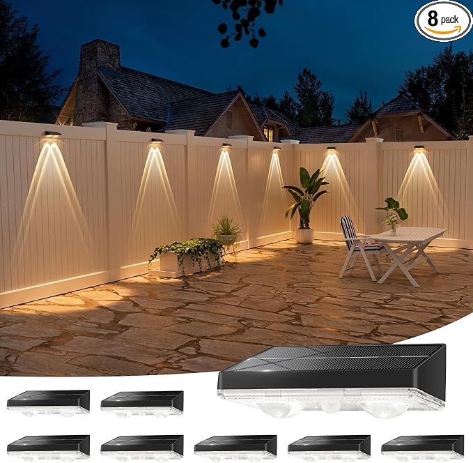 Solar Fence Lights,8 Pack Solars Deck Light,Warm White Color,Outdoor Bulb Waterproof Led IP65,Power Patio Lamp with Lenses for Outside/Backyard/Railing/Yard(Black)