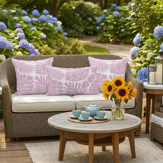 Pink Palm Leaves Outdoor Pillow Covers 26"x26" Set of 2, Tropical Botanical Minimalist Modern Waterproof Throw Pillow Covers for Patio Furniture, Decorative Cushion Covers for Porch
