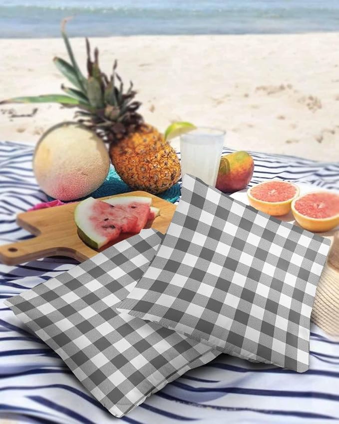Outdoor Waterproof Throw Pillow Covers Set of 2 Gray Buffalo Check Plaid Pillowcases 26x26 Inches Farmhouse Style Patio Decorative Pillows Cushion Case Patio Pillows for Couch Bed Chair Garden