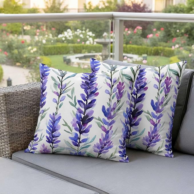 Outdoor Waterproof Pillow Covers 18x18Inch Spring Purple Lavender Throw Pillowcases for Patio Garden Couch Sofa Watercolor Floral Art Decorative Cushin Case,Pack of 2