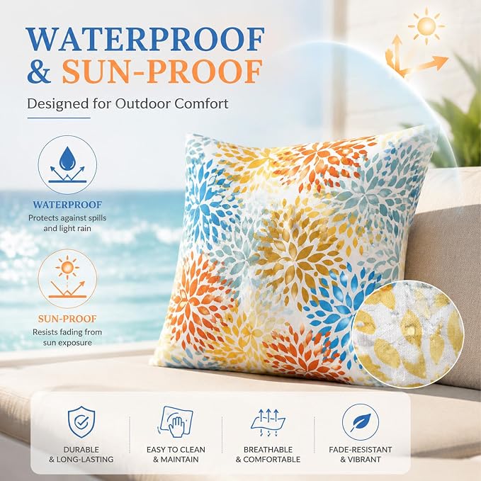 2pcs Outdoor Decor Pillows, Insert and Cover, Waterproof & Fade-Resistant Patio Couch Cushions for Garden, Porch, Poolside Sofa (Fireworks, 18x18in)