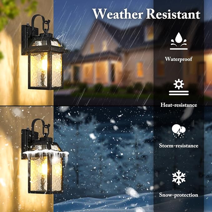 Dusk to Dawn Outdoor Wall Lights, Exterior Lighting Fixtures Wall Mount, Porch Lights Outdoor Wall Sconces with Water Ripple Glass, Outside Lights for House Front Door Garage, 2-Pack | Auto ON/OFF, Waterproof, Rust-Resistant, Durable Metal & Sturdy Gla...