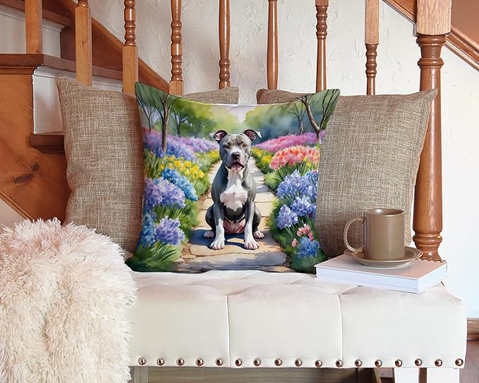 Caroline's Treasures Pit Bull Terrier Spring Path Throw Pillow Machine Washable, Indoor Outdoor Decorative Pillow for Couch, Bed or Patio, 14Hx14W