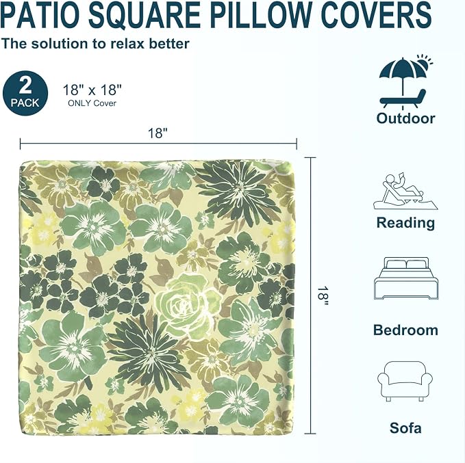 DYTXIII Pack of 2 Outdoor Waterproof Pillow Covers ONLY, 18"x18" Square Decorative Double Printed Throw Pillow Cases for Patio Couch Porch Furniture, Green Rose