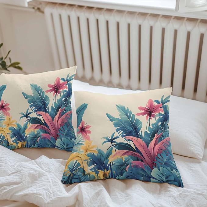 Summer Tropical Leaves Waterproof Outdoor Pillow Covers Set of 2 Home Decor, Farmhouse Botanical Plants Pillowcase Patio Pillow Covers for Couch Bench Furniture Garden 24x24in