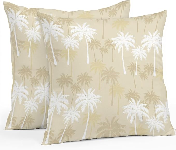 Throw Pillow Covers 18x18 Inch Set of 2, Tropical Palm Tree Waterproof Outdoor Pillow Covers, Beige White Plants Coastal Leaf Beach Decorative Cushion Pillowcases for Couch, Sofa, Bed, Garden, Patio