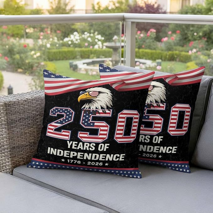 250 Years Anniversary Outdoor Waterproof Throw Pillow Covers 26x26 Set of 2, Independence Day USA Eagle Flag Decorative Pillowcases Cushion Pillowcase for Couch Sofa Patio Outside Pillow Protector
