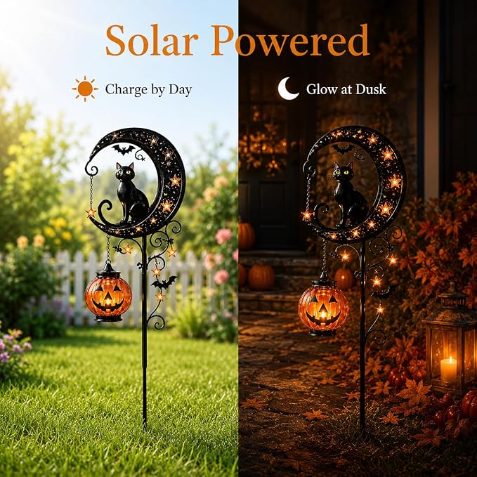 Solar Halloween Black Cat & Pumpkin Moon Garden Stake Light, Outdoor Waterproof LED Yard Decoration with Crescent Moon, Hanging Jack-o'-Lantern Lantern for Garden, Patio, Walkway, Porch(Style B)